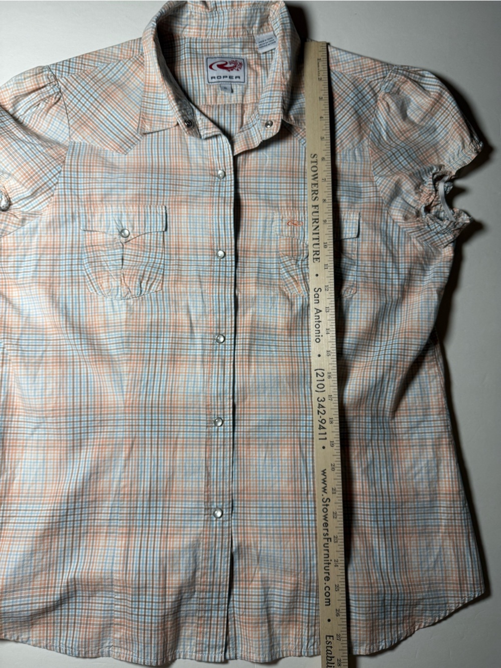 Roper XL Western Plaid Snap Button Shirt Peach Blue Puff Sleeve 100% cotton top - Picture 5 of 9
